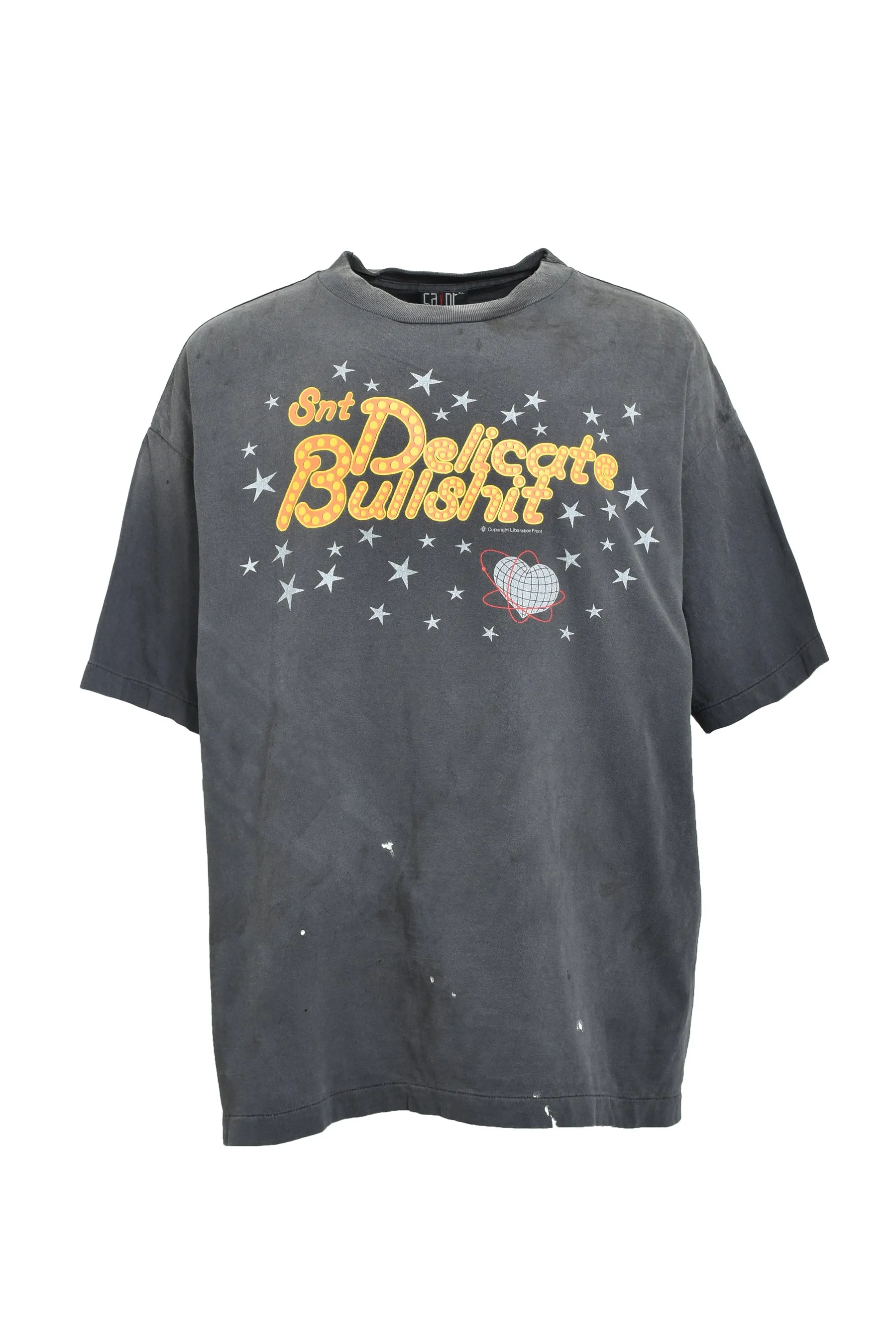 SAINT Mxxxxxx DELICATE BULLSHIT SS TEE/BLK Star Neon Slogan Printed TEE Washed Black S-XL New Vintage Washed and Distressed Ceiling! Loyal to the original version. Main mark and wash mark are matched. Tube-woven fabric without side seams. Non-open width version. Authentic level printing restoration proofing. Top purchasing agent level.